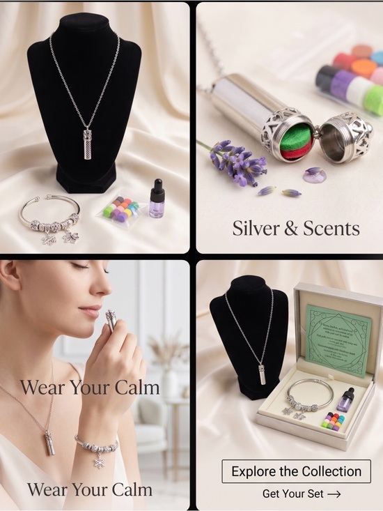Jewelry - Calming Silver Aromatherapy Pendant Necklace with Colored Felt Refill Set NWT